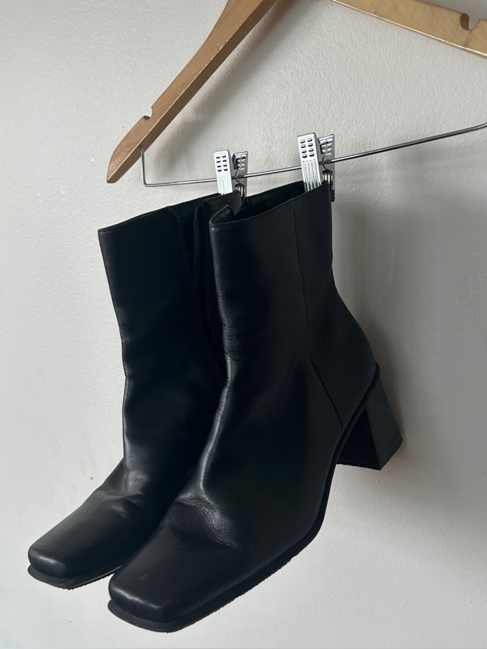 Nine West “Westies” Black Leather Square-Toe Block Heel Ankle Boots